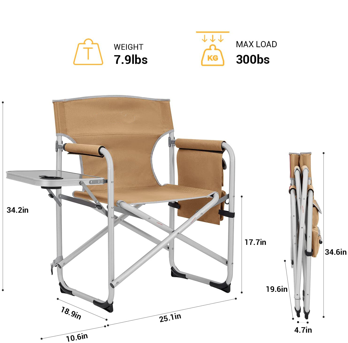 Portable Lightweight Aluminum Folding Camping Director Chair with Side Table Sun Lounger for Outdoor Beach