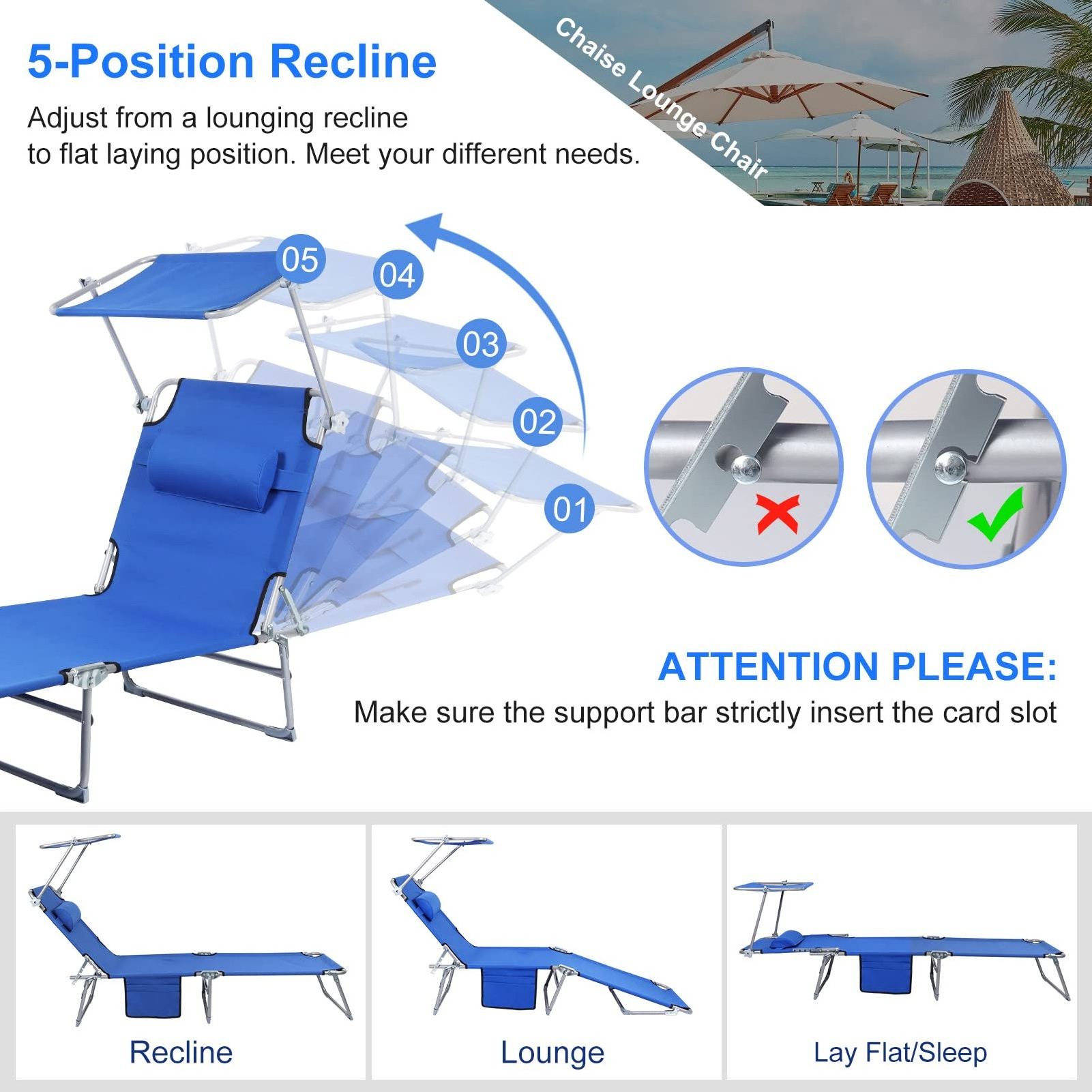 360 Rotatable Canopy Shade Outdoor Folding Chaise Lounge Beach Lounge Chairs Portable Lightweight Sun Lounger