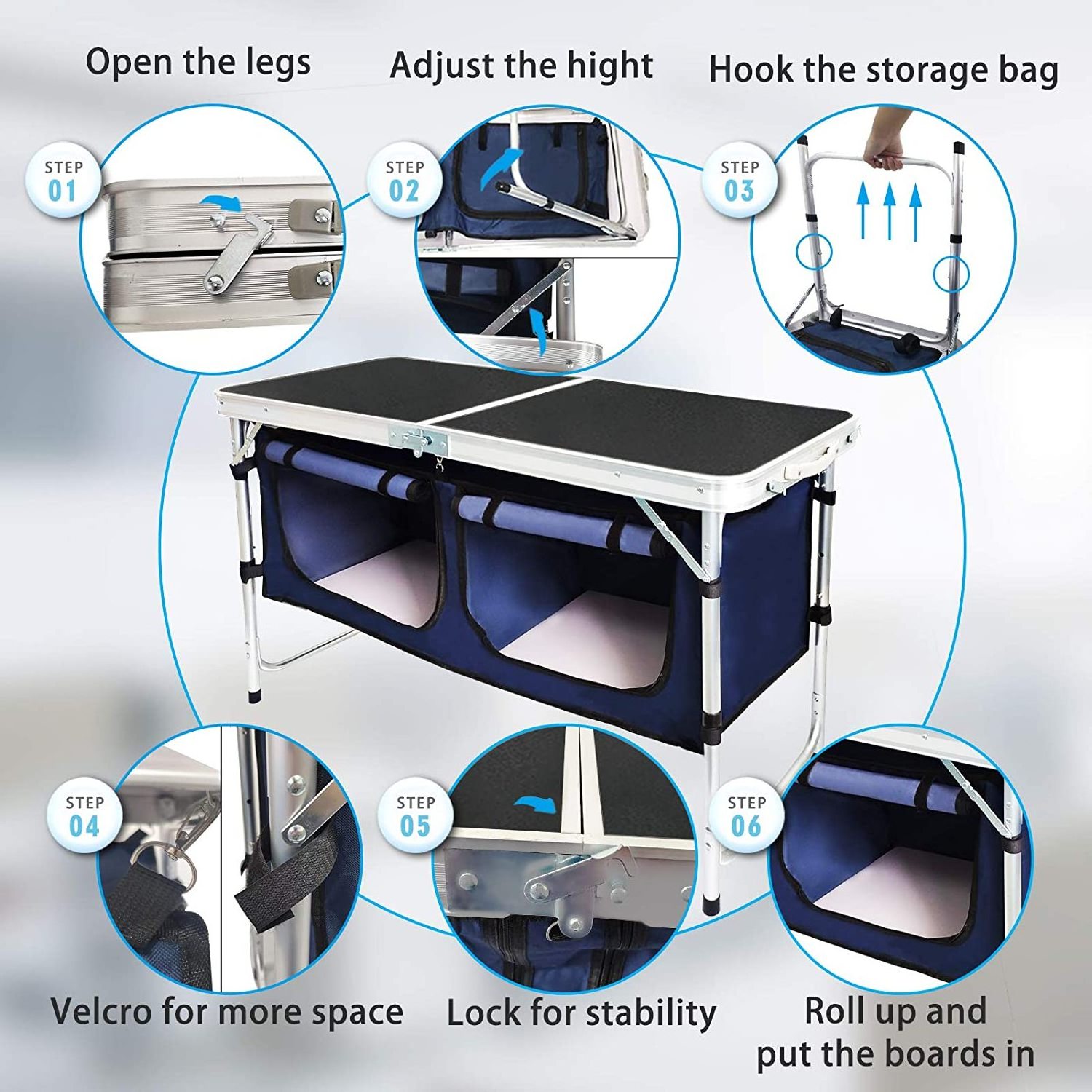 Folding Camping Storage Compartment Aluminum Lightweight Camp Kitchen Table Backyard BB Height Adjustable Outdoor Camping Table