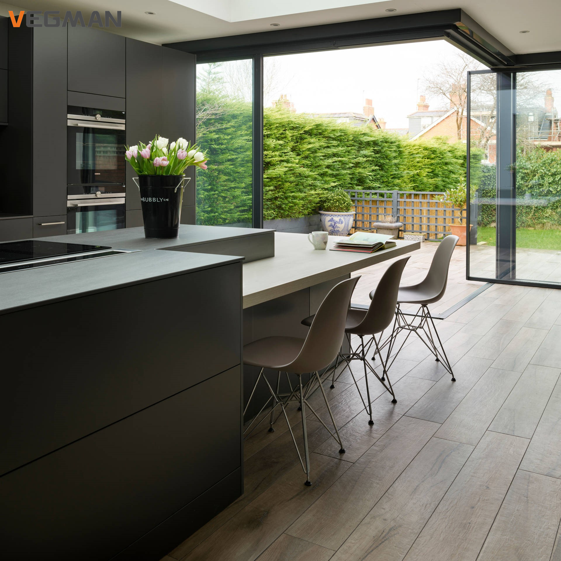 Custom luxury matte black handleless modern modular design melamine kitchen cabinet