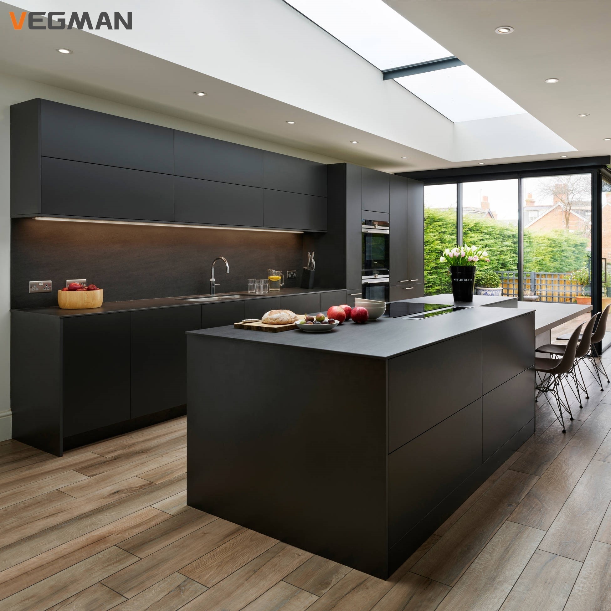 Custom luxury matte black handleless modern modular design melamine kitchen cabinet