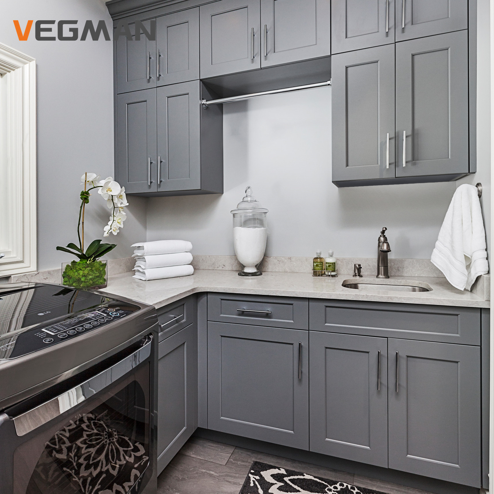 Customized Solid Surface Shaker Style Dark Grey Bathroom Cabinet Laundry Cabinet For Washing Machine