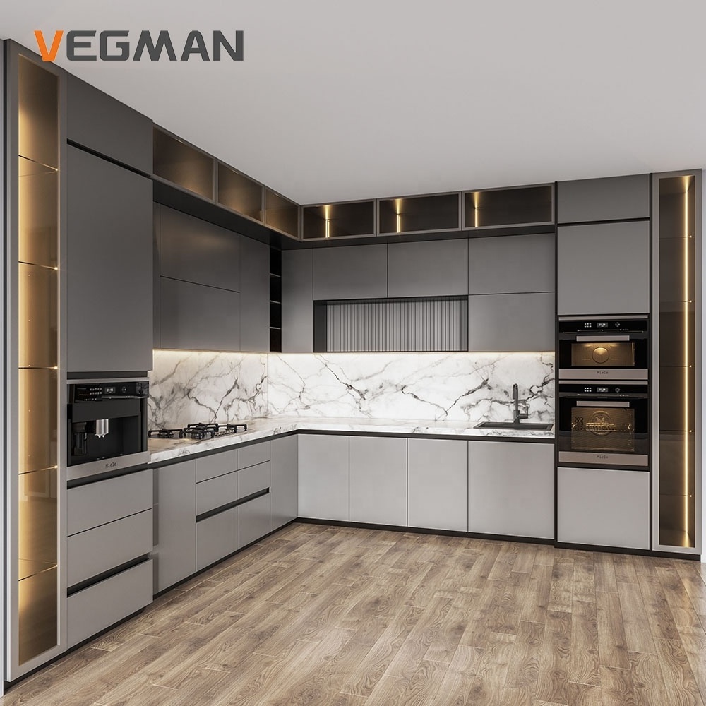 Ready To Assemble Luxury Kitchen Cabinet Marble Countertops PET Matte Gray Modern Kitchen Cabinet Kitchen Furniture Set