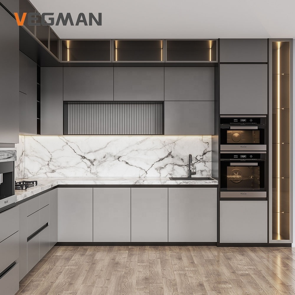 Ready To Assemble Luxury Kitchen Cabinet Marble Countertops PET Matte Gray Modern Kitchen Cabinet Kitchen Furniture Set