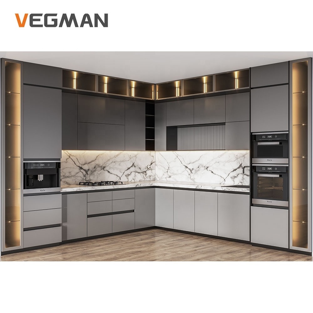 Ready To Assemble Luxury Kitchen Cabinet Marble Countertops PET Matte Gray Modern Kitchen Cabinet Kitchen Furniture Set