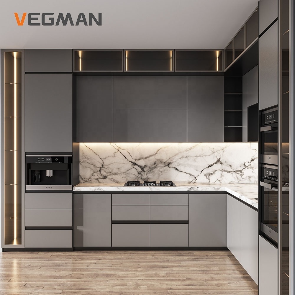 Ready To Assemble Luxury Kitchen Cabinet Marble Countertops PET Matte Gray Modern Kitchen Cabinet Kitchen Furniture Set