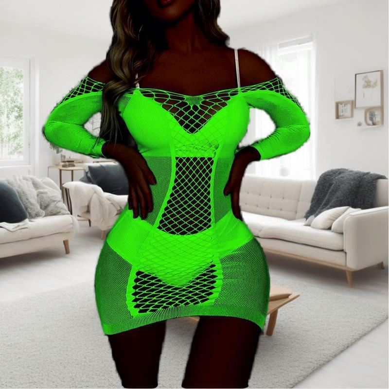 Long Sleeve Off Shoulder Dress Glow in The Dark Lingerie Lingerie Women Fishnet Bodystocking Hollow Out Luminous Sexy Underwear