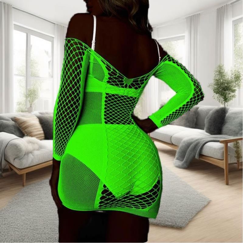 Long Sleeve Off Shoulder Dress Glow in The Dark Lingerie Lingerie Women Fishnet Bodystocking Hollow Out Luminous Sexy Underwear