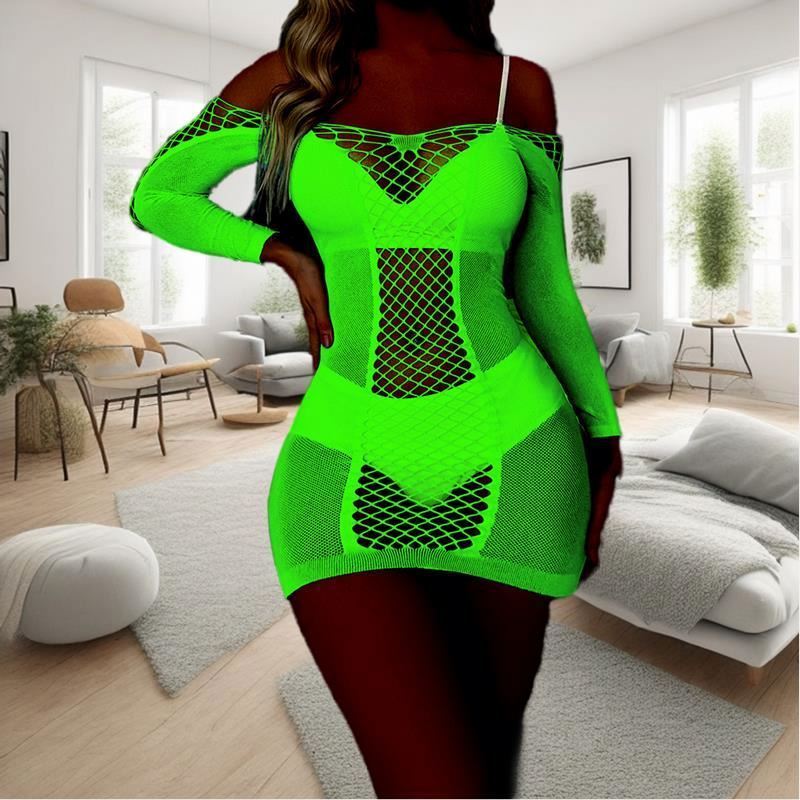 Long Sleeve Off Shoulder Dress Glow in The Dark Lingerie Lingerie Women Fishnet Bodystocking Hollow Out Luminous Sexy Underwear