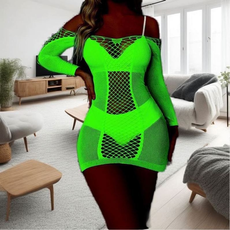 Long Sleeve Off Shoulder Dress Glow in The Dark Lingerie Lingerie Women Fishnet Bodystocking Hollow Out Luminous Sexy Underwear