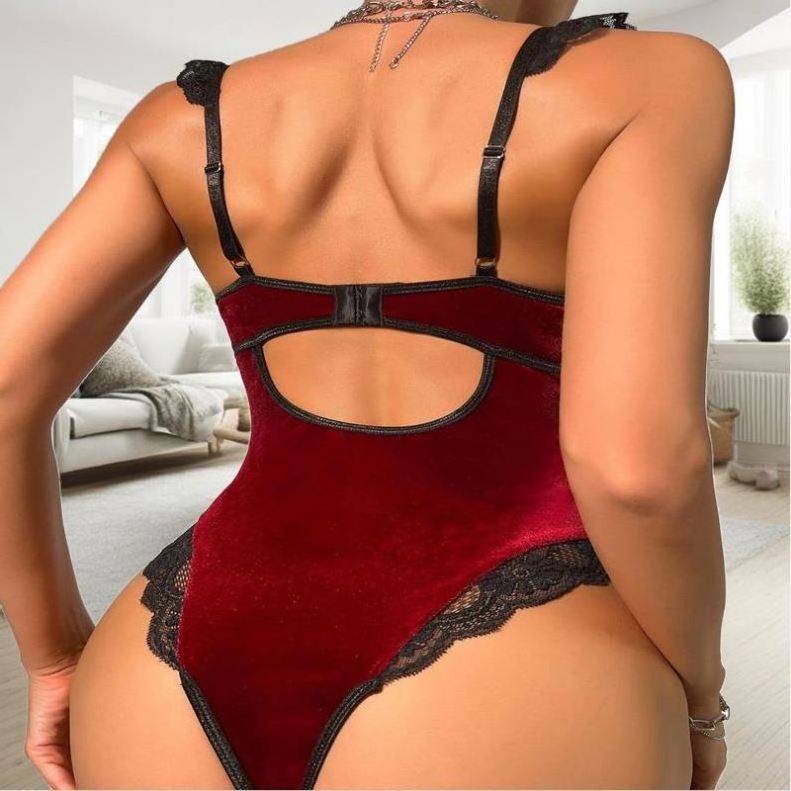 Lingerie Plunge Bodysuit Wholesaler Velvet Lace Suspender 2024 Women Scallop Trim Push Up Underwear Sexy Club Wear