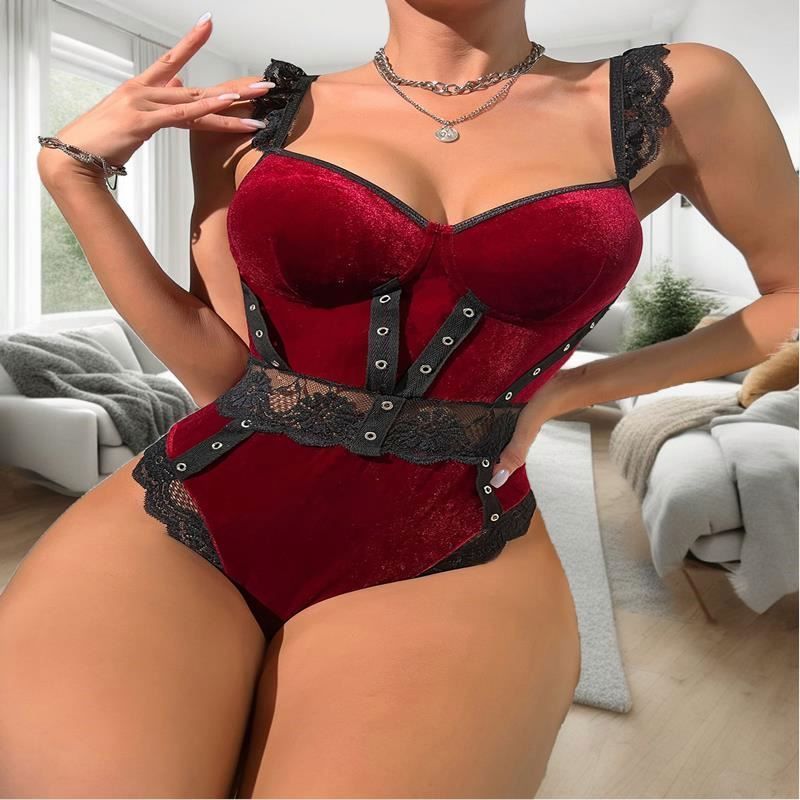 Lingerie Plunge Bodysuit Wholesaler Velvet Lace Suspender 2024 Women Scallop Trim Push Up Underwear Sexy Club Wear