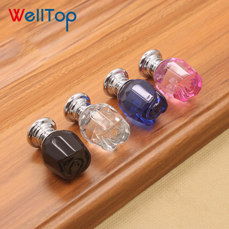 Cupboard Closet Drawer Knob Pull Handle Cute Small Rose Flower Shape Crystal Cabinet Knob Handle VT-01.145