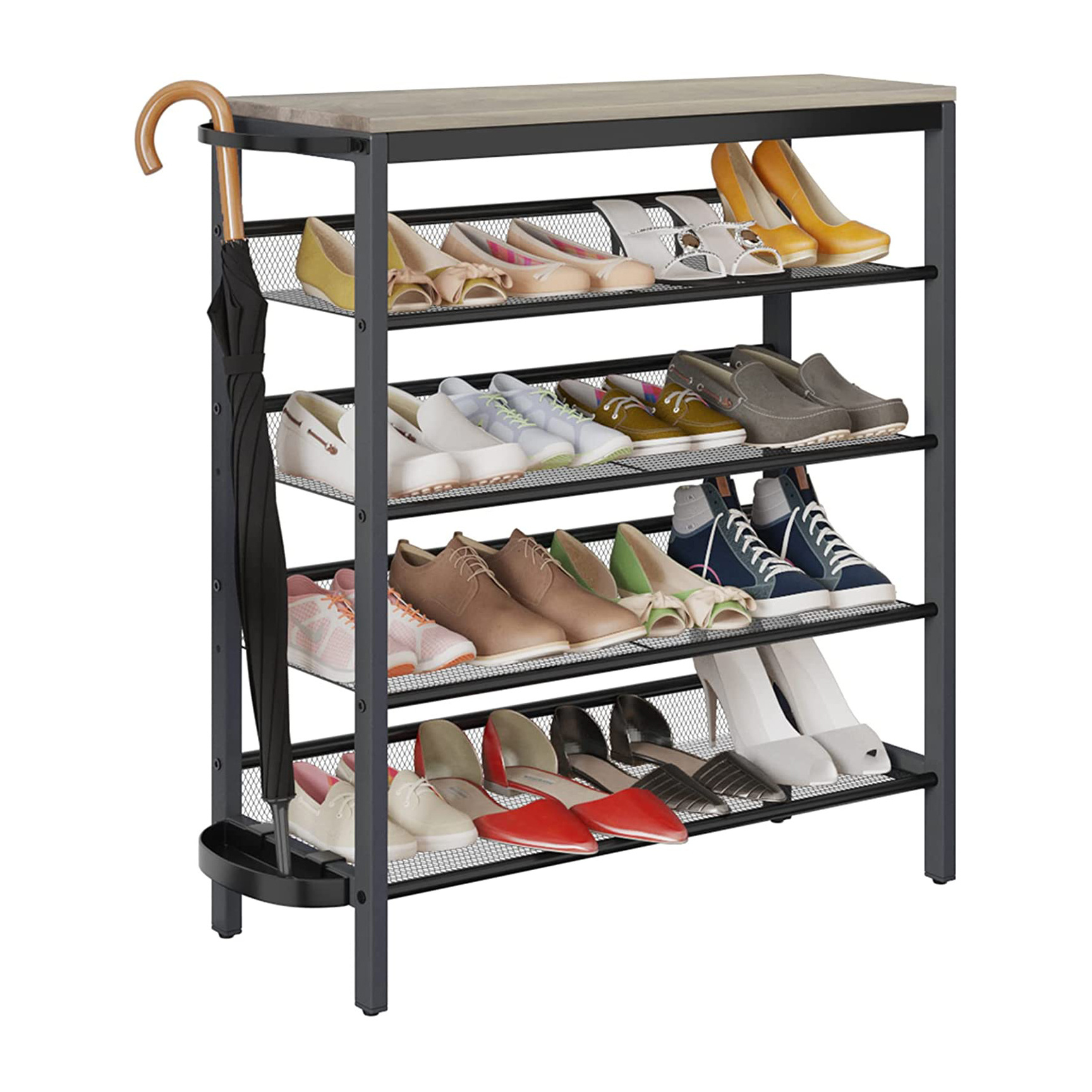 Shoe Rack 5-Tier Metal Industrial Shoe Storage Organizer Shelf with Umbrella Holder Entryway Table for Hallwall Living Room