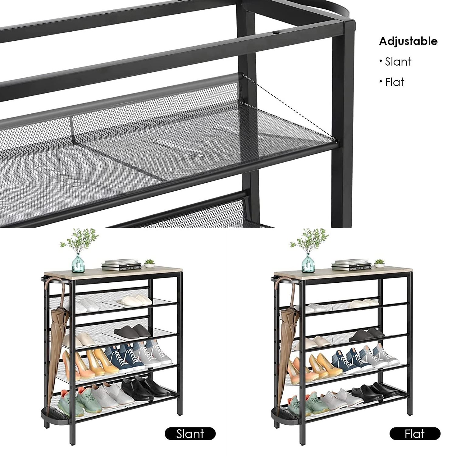 Shoe Rack 5-Tier Metal Industrial Shoe Storage Organizer Shelf with Umbrella Holder Entryway Table for Hallwall Living Room