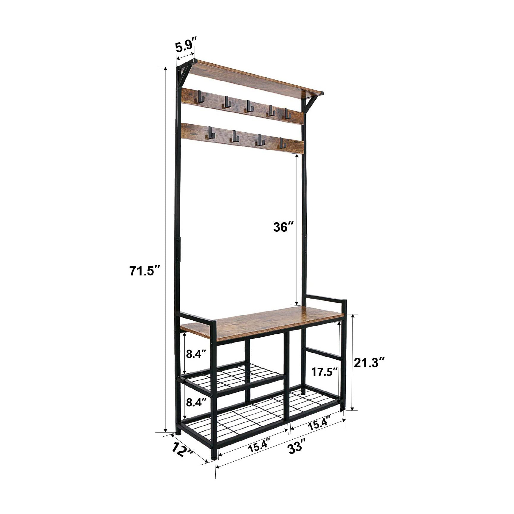 Coat Rack Shoe Bench, Hall Tree Entryway  Storage, 3-in-1 Wood Look Accent Furniture with Metal Frame