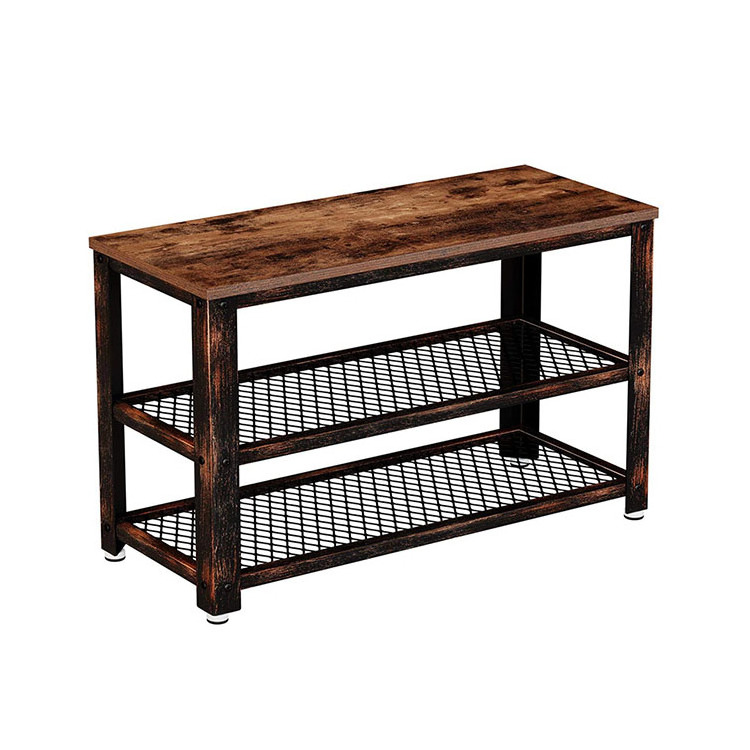 Vekin Living Room 3 Tier Shoe Rack Rustic Wooden and Steel Frame Shoe Bench Storage Entrance Shoe Rack