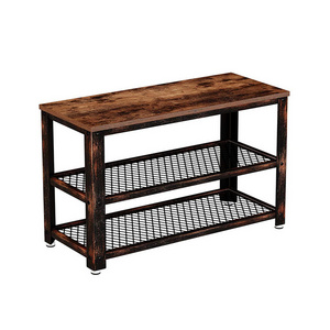 Vekin Living Room 3 Tier Shoe Rack Rustic Wooden and Steel Frame Shoe Bench Storage Entrance Shoe Rack