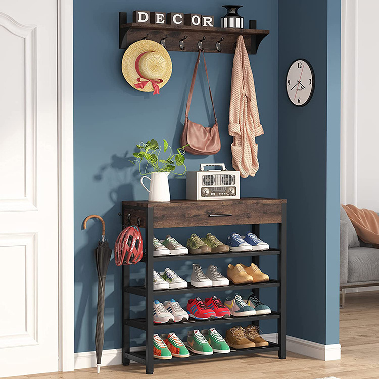 Vekin Living Room Furniture Wall Mount Coat Rack Shoe Rack Entryway 5 Tier Shoe Cabinets with Drawers