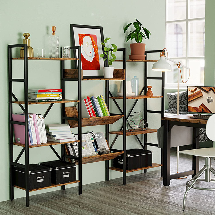 Vekin Rustic Industrial Style Shelves 4 Tier Large Open Bookshelf Freestanding Rectangular MDF Bookcase with Metal Frame