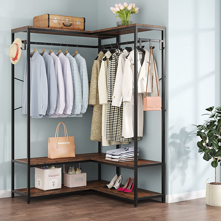 Vekin Furniture Large Corner Clothes Rack Wooden and Metal Storage Shelves Double Rod Coat Rack