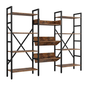 Vekin Rustic Industrial Style Shelves 4 Tier Large Open Bookshelf Freestanding Rectangular MDF Bookcase with Metal Frame