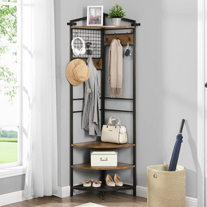 Corner Hall Tree Coat Rack, Corner Shoe Rack for Entryway,  Industrial Corner Entryway Organizer with Hooks and Shoe Storage