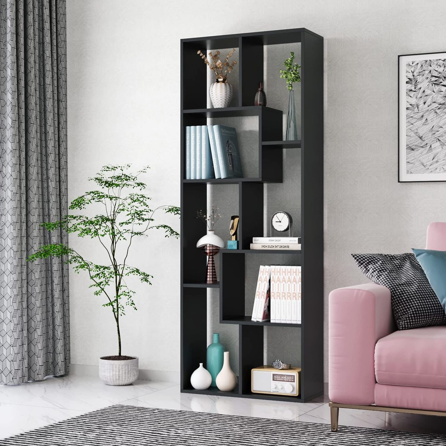 Modern style Wood 8 Tier Bookcase Cube Bookshelf TV Stand Standing Display Shelf for Bedroom Living Room Reading Room