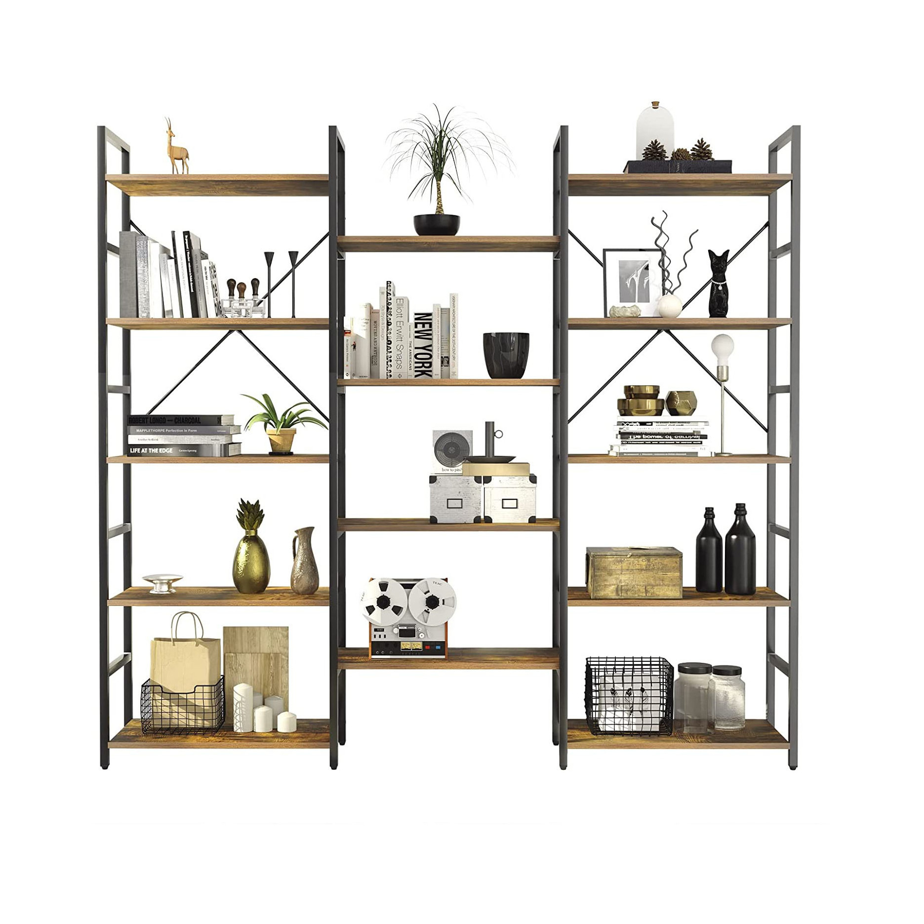 Modern style Triple Wide 5-Shelf Bookcase Industrial Vintage Open Bookshelves for Home&Office Kitchen