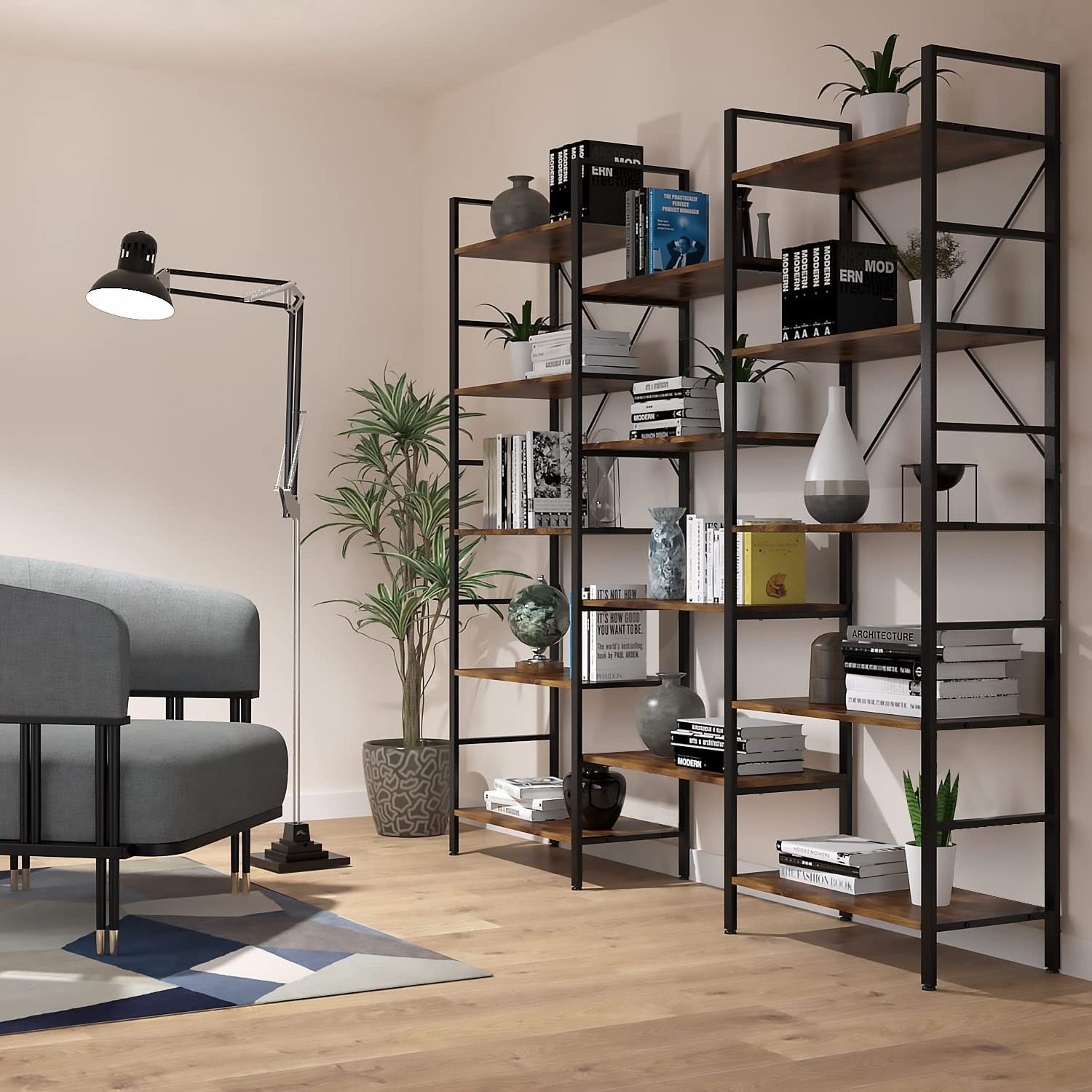 Modern style Triple Wide 5-Shelf Bookcase Industrial Vintage Open Bookshelves for Home&Office Kitchen