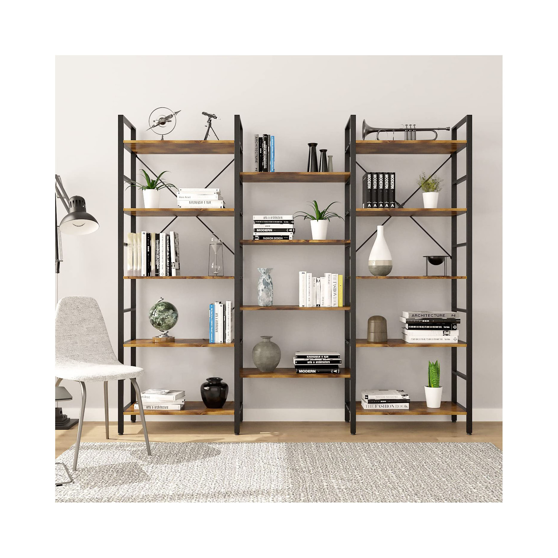 Modern style Triple Wide 5-Shelf Bookcase Industrial Vintage Open Bookshelves for Home&Office Kitchen