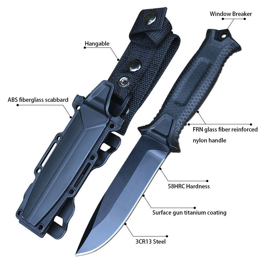 Hot Selling Manufacturer Camping Nylon Sheath Belt Straight Knife Rubber Grip Fixed Blade Hunting Knife