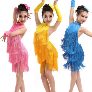 Wholesale Party Costume Stage Performance Outfit 4-11 Years Latin Salsa Dance Wear Solid Tassel Dance Dress For Girls