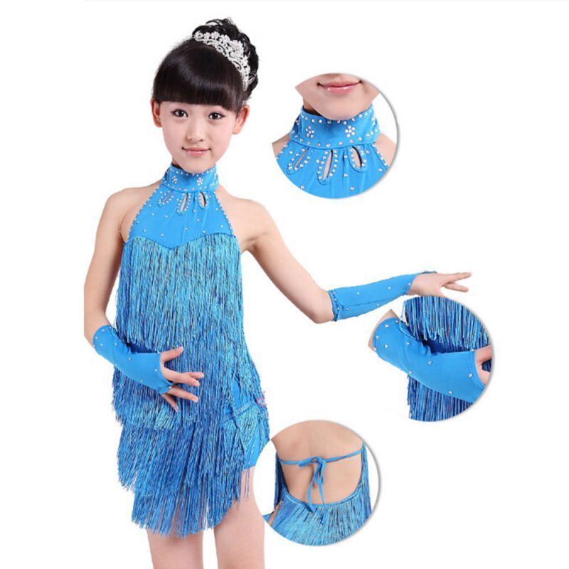 Wholesale Party Costume Stage Performance Outfit 4-11 Years Latin Salsa Dance Wear Solid Tassel Dance Dress For Girls