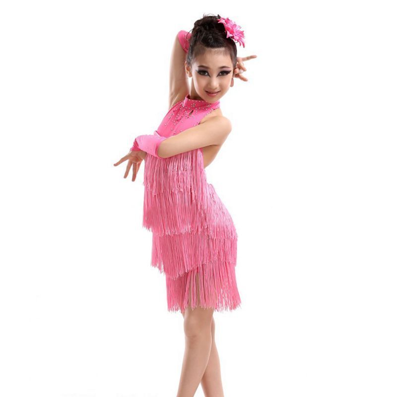 Wholesale Party Costume Stage Performance Outfit 4-11 Years Latin Salsa Dance Wear Solid Tassel Dance Dress For Girls