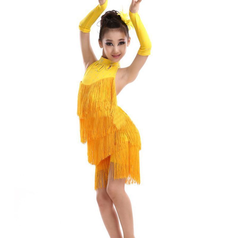 Wholesale Party Costume Stage Performance Outfit 4-11 Years Latin Salsa Dance Wear Solid Tassel Dance Dress For Girls