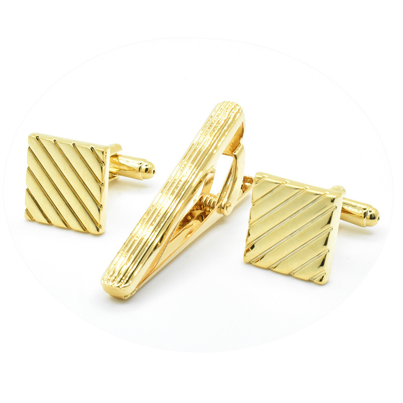 Simple Strip Engraved Business Mens Cufflinks Tie Bar Plain Metal Gold Plated Cufflinks and Tie Clip Sets Wedding Groom Jewelry