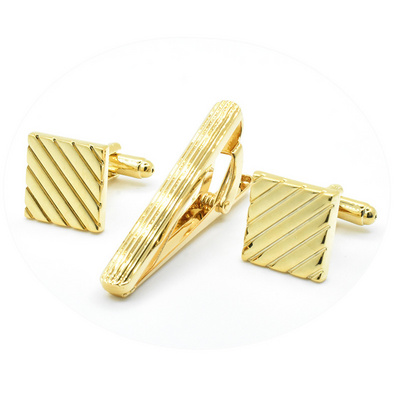 Simple Strip Engraved Business Mens Cufflinks Tie Bar Plain Metal Gold Plated Cufflinks and Tie Clip Sets Wedding Groom Jewelry