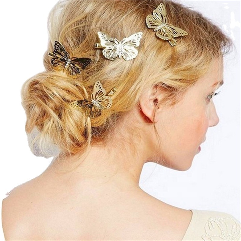 latest cheap cute antique hollow out gold metal hair clips girls butterfly bobby pins