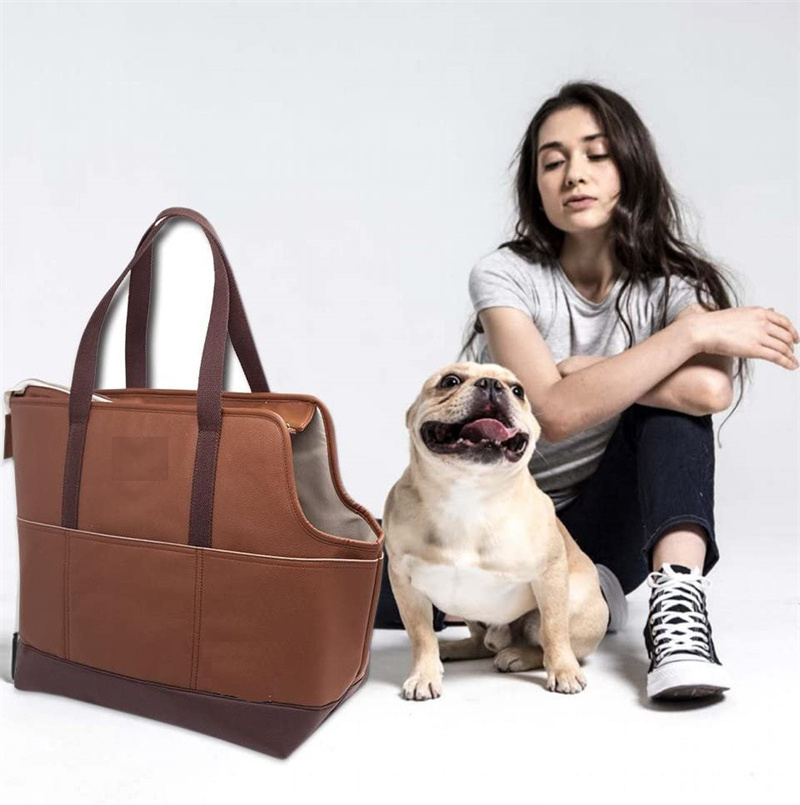 Waterproof Luxury PU Leather Travel Pet Carrier Tote Bag Breathable Handbag Purse with Front Pocket for Cats and Dogs