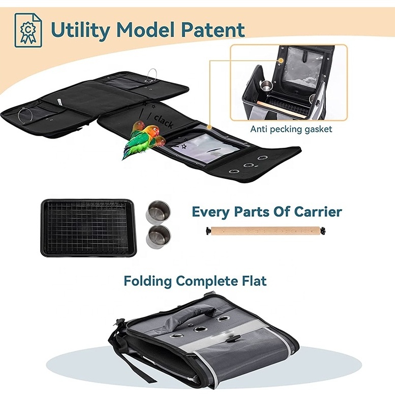 custom Bird Cage Breathable Carrier Backpack Foldable Lightweight Travel Multi Purpose PU Mesh Pet Parrot Bag
