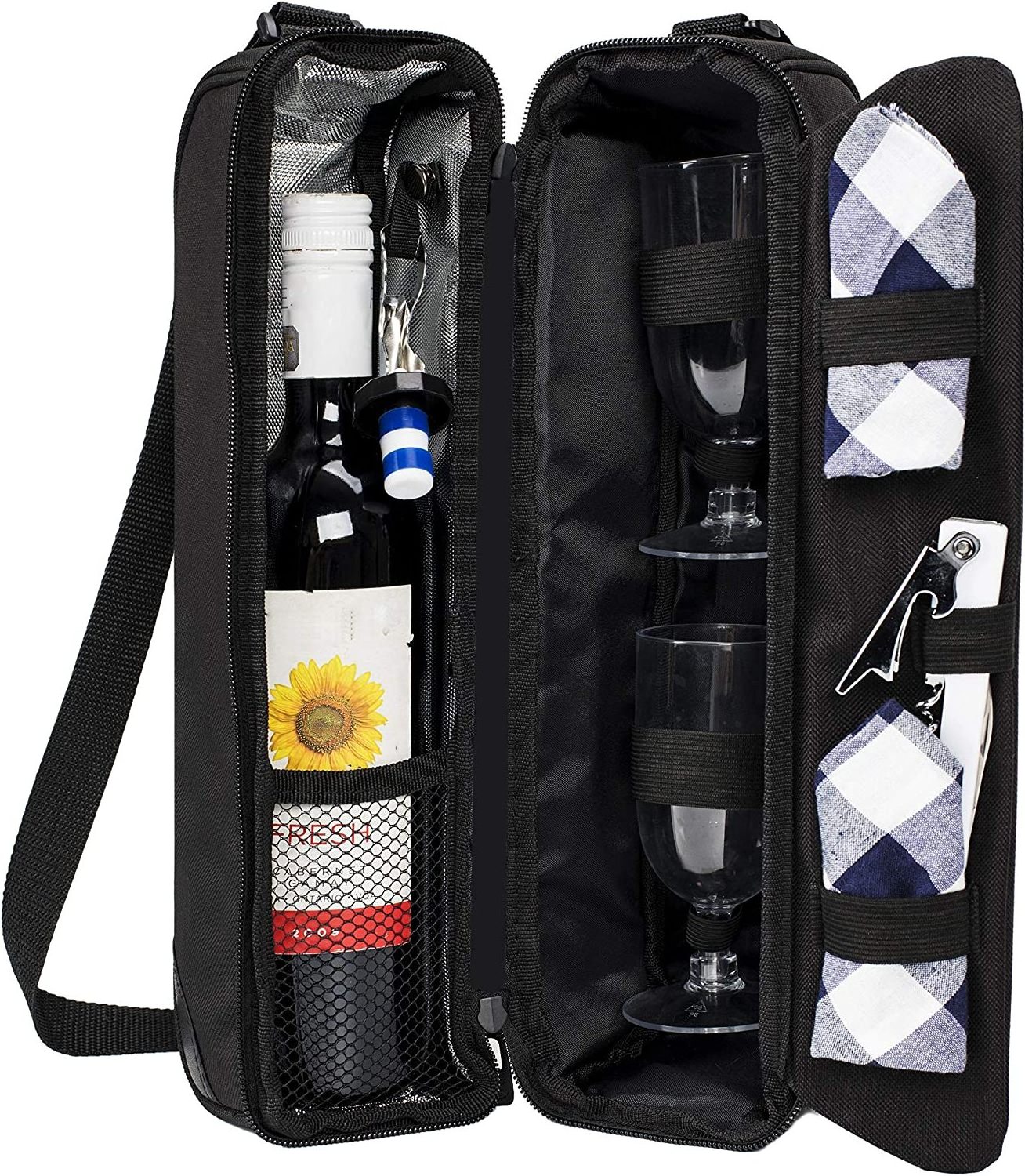 Custom Wine Tote Picnic Cooler Bag with Cooler Compartment Picnic Set Carrying Two Sets of Tableware