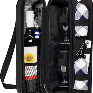 Custom Wine Tote Picnic Cooler Bag with Cooler Compartment Picnic Set Carrying Two Sets of Tableware