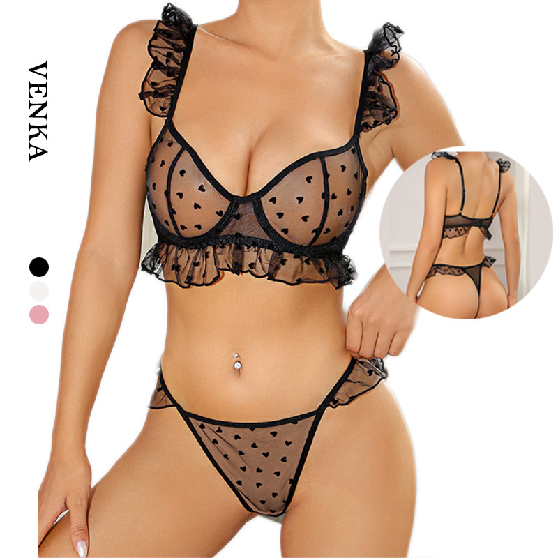 2024 Hot Sale Girls Sexy Bra Thong Set See Through Breathable Panties Push Up Adjustable Straps Plus Size Woman Underwear Set