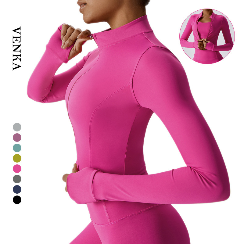 Women Fit Tight Lightweight Stand-Up Collar Fitness Sports Top Zipper Thumb Hole Design Women's Workout Yoga Jackets Long Sleeve