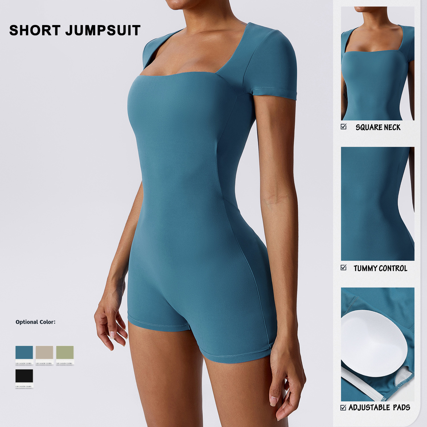 Women Jumpsuits One Piece Workout Yoga Quick-drying Elastic Above Knee Shorts Pants Square Neck Short Sleeve Rompers Jumpsuits