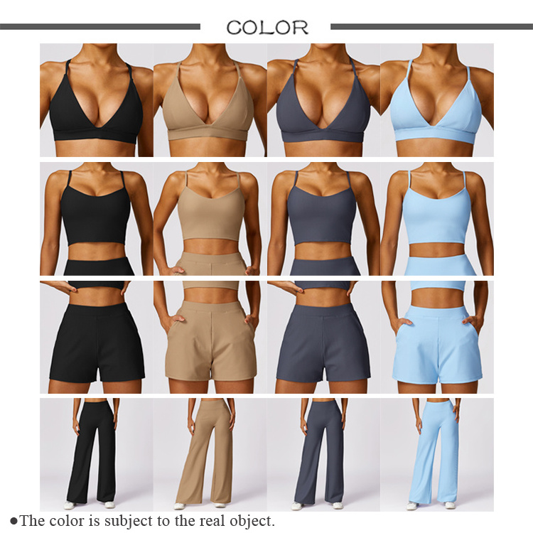 2024 Women 2 Piece Gym Workout Suit Beautiful Back Sports Bra Tank Top With Pockets Shorts Pants Ladies Ribbed Fitness Yoga Sets