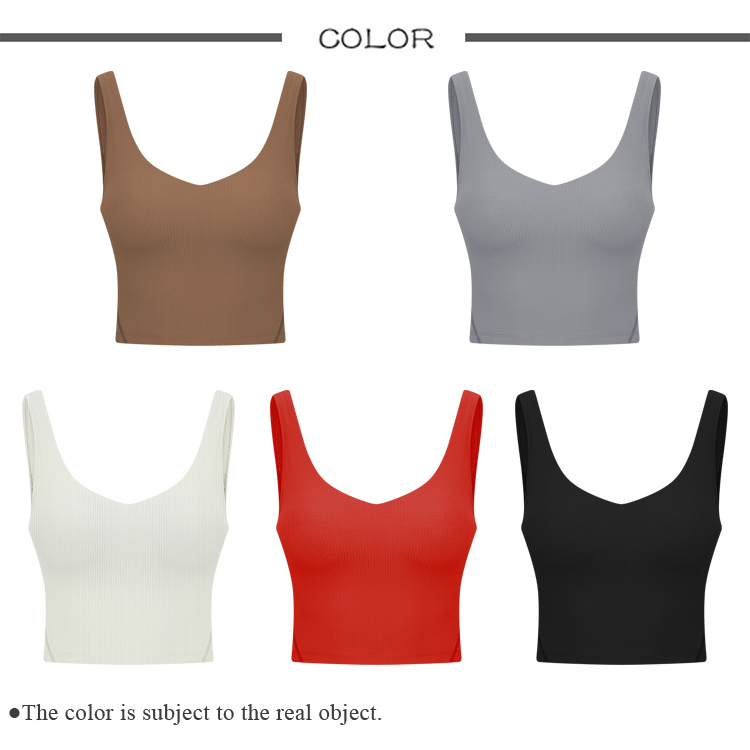 Wholesale Ladies Sports Ribbed Crop Tops Beautiful Back With Breast Pads Sleeveless Shirts Vest  Women V Neck Nylon Gym Tank Top