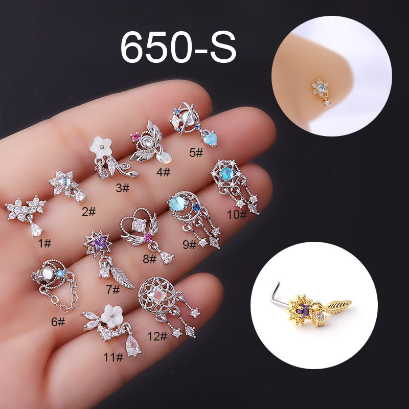 Stainless Steel L Rod Nose Piercing Ring Jewelry Fashion Colorful Zircon Pendant Nose Nail Nose Rings For Women