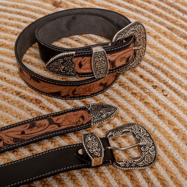 Deluxe Hand Tooled Leather Belt  Brown  Black Amish Handmade Basket Weave Antique Solid Brass Buckle  Western Belt